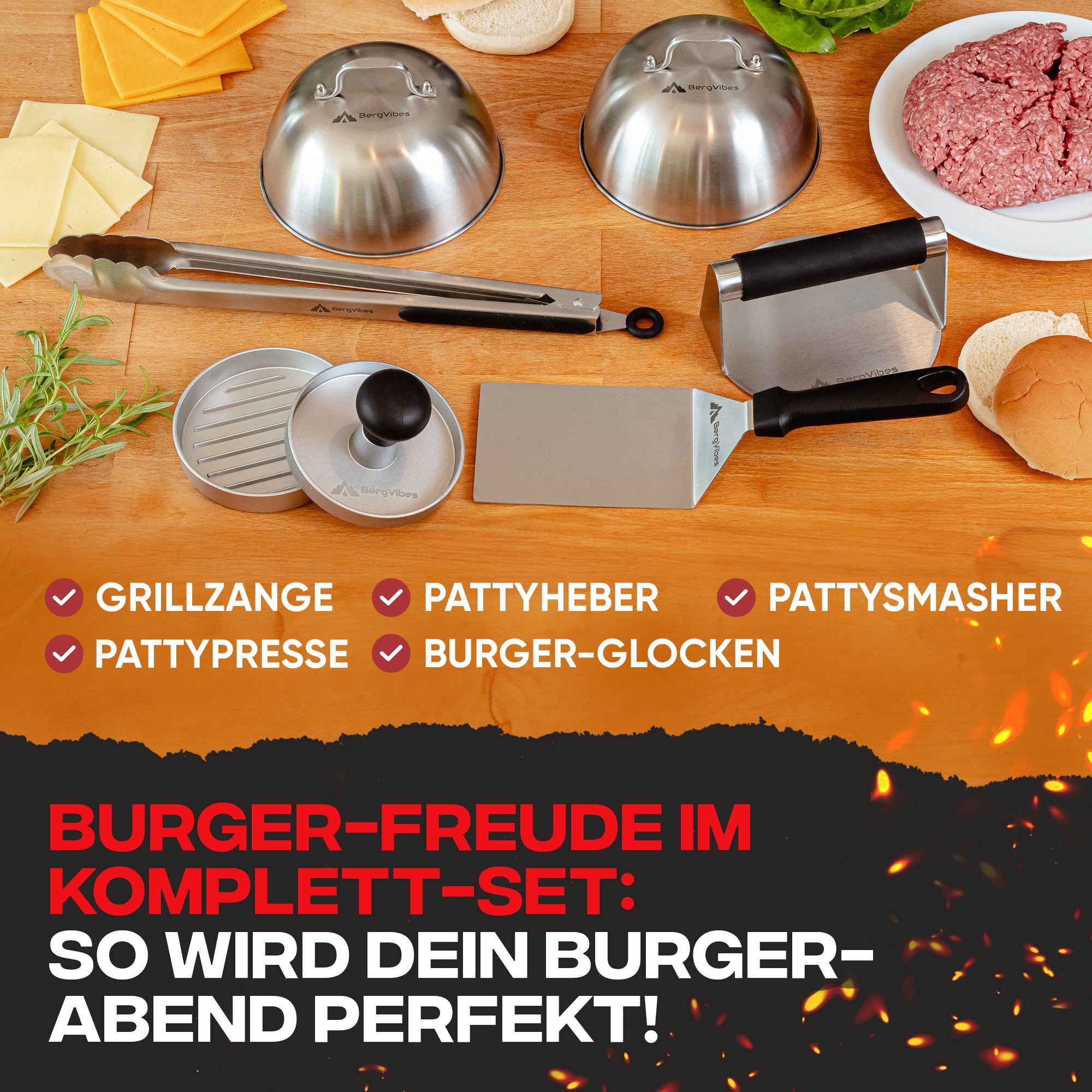 Smash Burger Set komplett – Burgerpresse, Burgerglocken, Grillzange & Zubehör für perfekte Burger