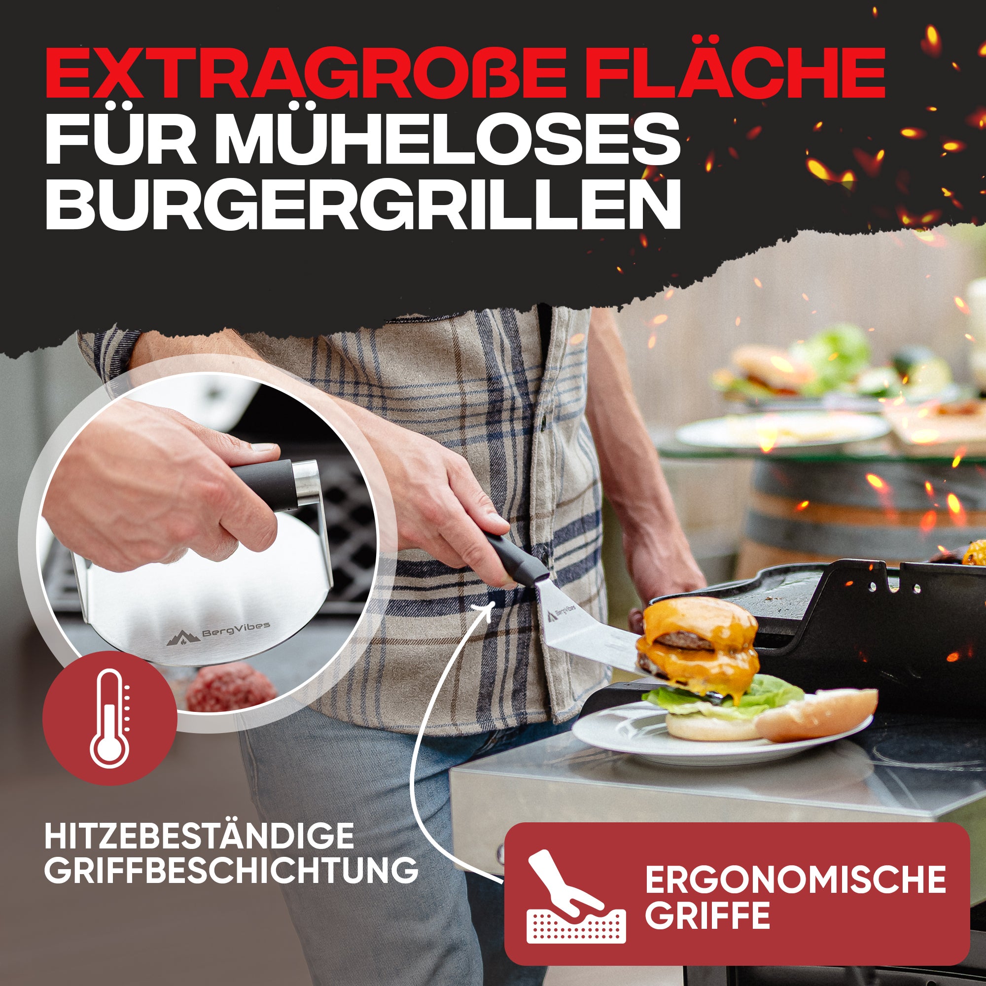 Smash Burger Set 3-teilig – Burgerpresse, Grillspachtel & Schaber