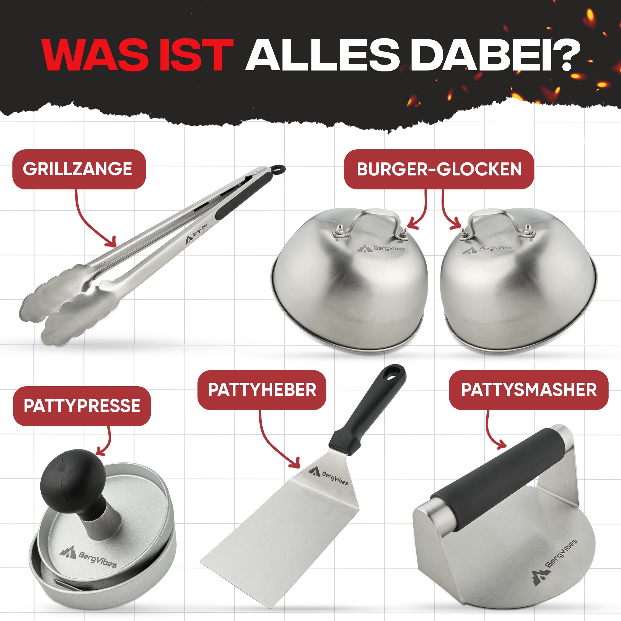 Smash Burger Set komplett – Burgerpresse, Burgerglocken, Grillzange & Zubehör für perfekte Burger