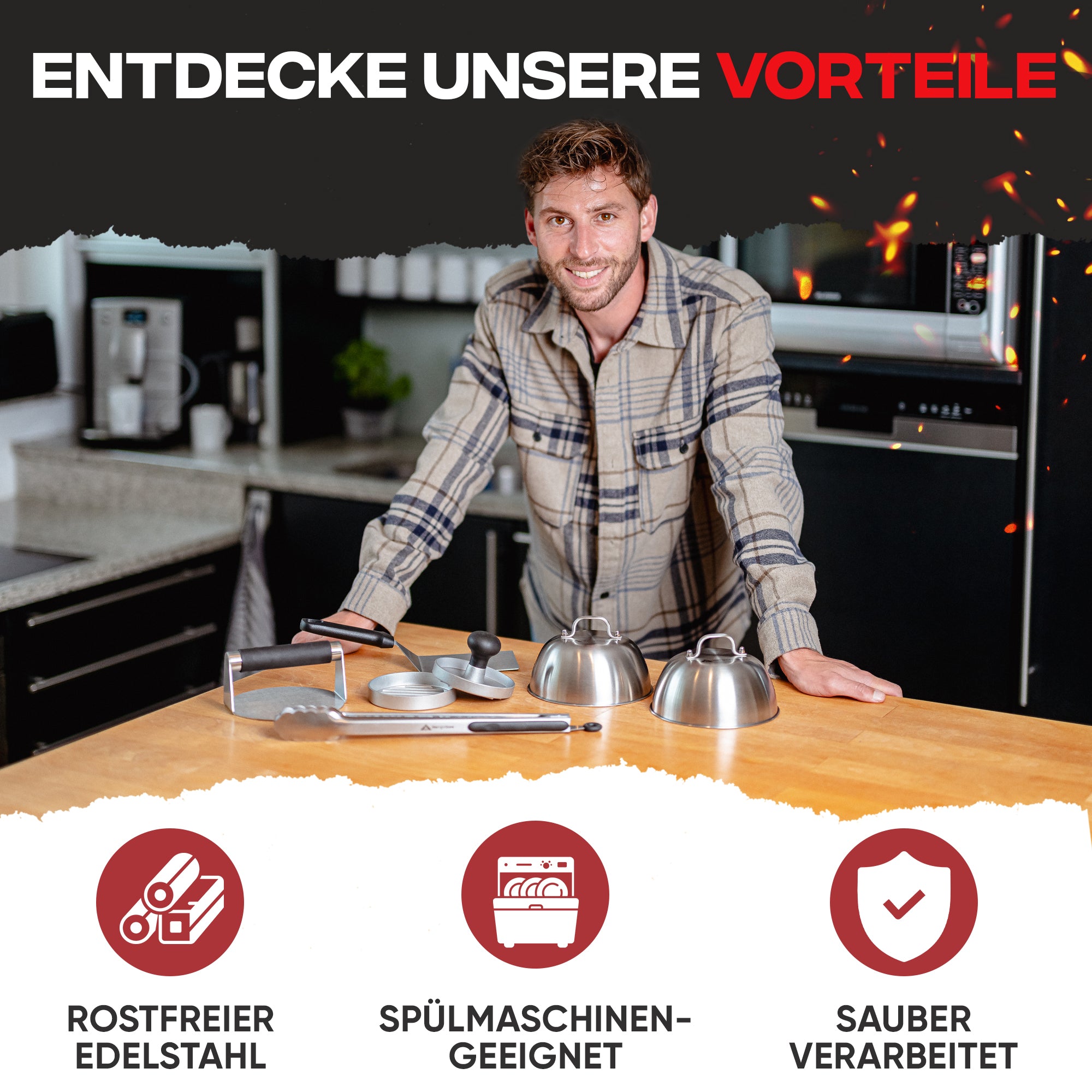 Smash Burger Set 3-teilig – Burgerpresse, Grillspachtel & Schaber