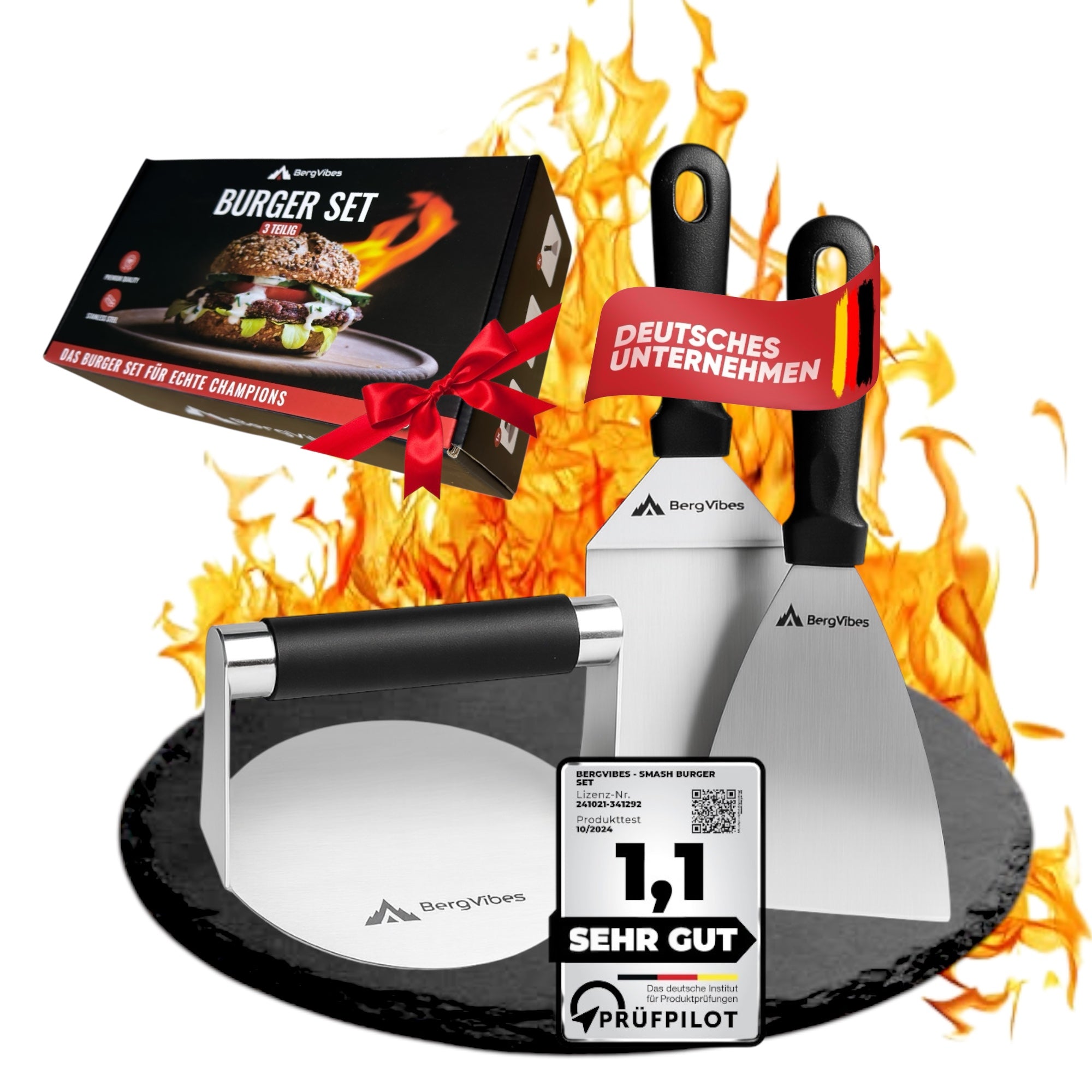 Smash Burger Set 3-teilig – Burgerpresse, Grillspachtel & Schaber