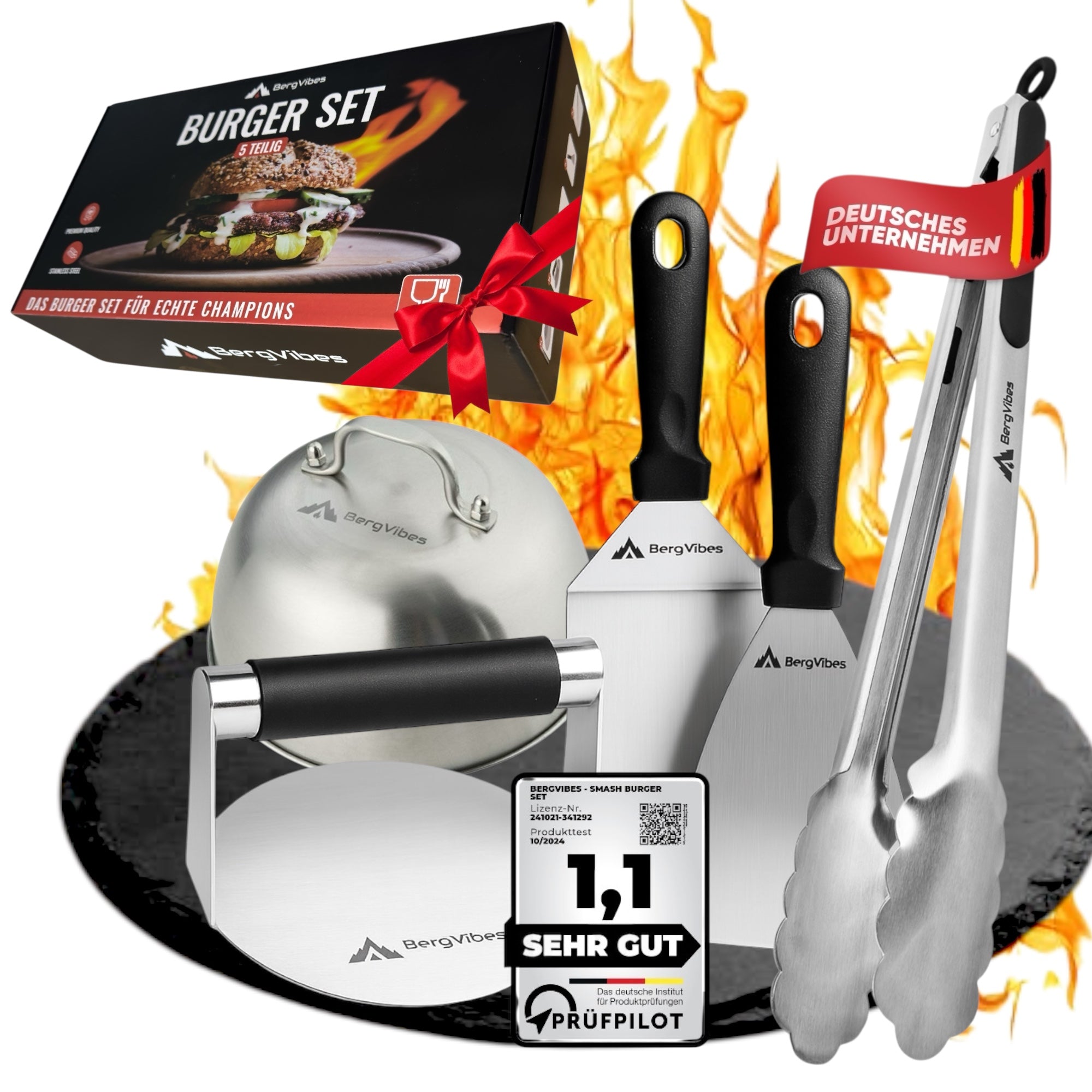 Smash Burger Set 5-teilig – Burgerglocke, Smasher, Wender, Spachtel & Grillzange