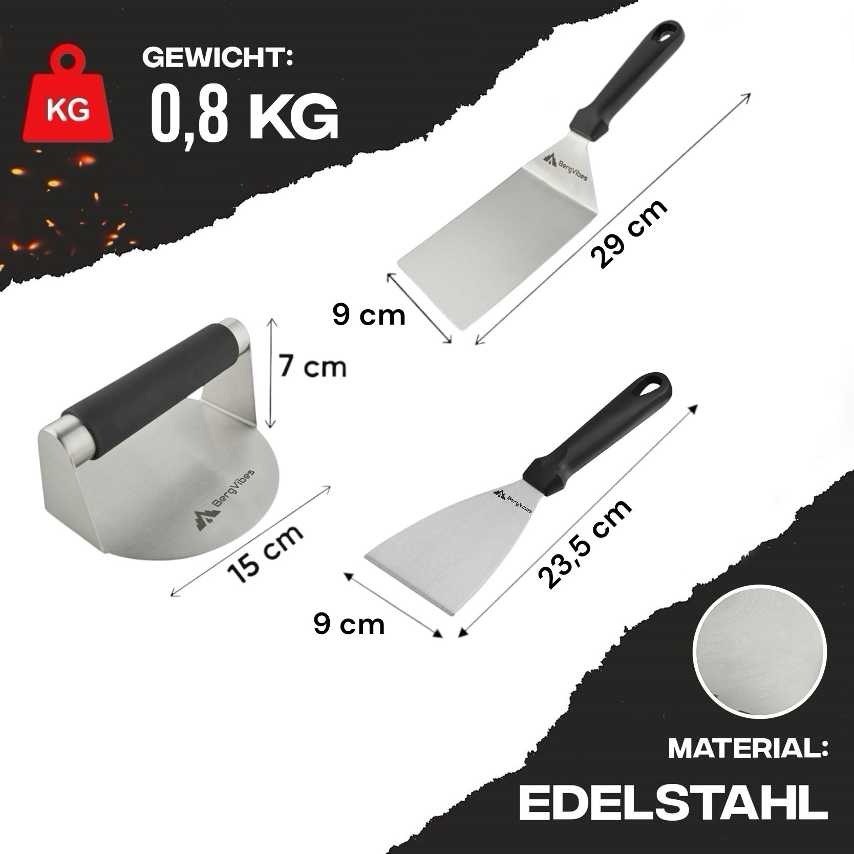 Smash Burger Set 3-teilig – Burgerpresse, Grillspachtel & Schaber