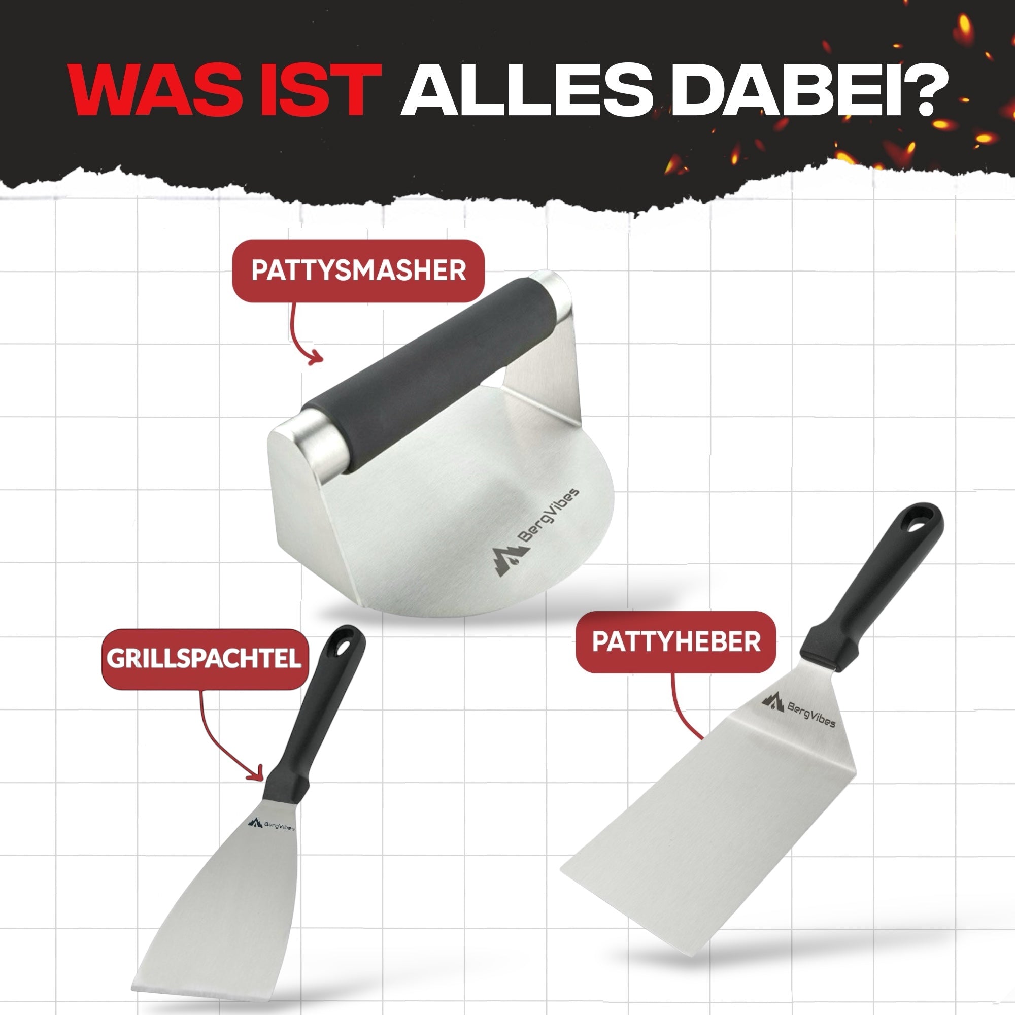 Smash Burger Set 3-teilig – Burgerpresse, Grillspachtel & Schaber