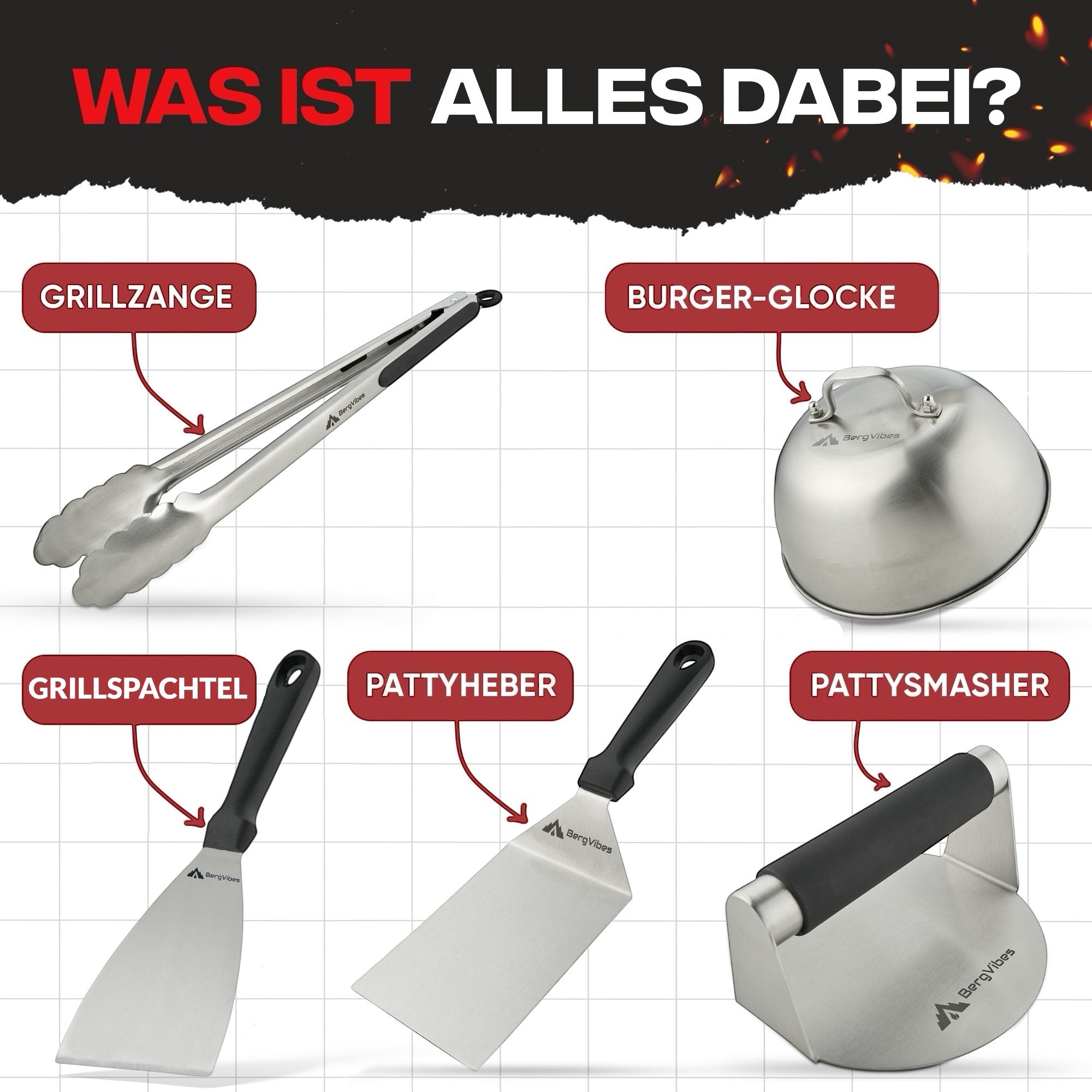 Smash Burger Set 5-teilig – Burgerglocke, Smasher, Wender, Spachtel & Grillzange