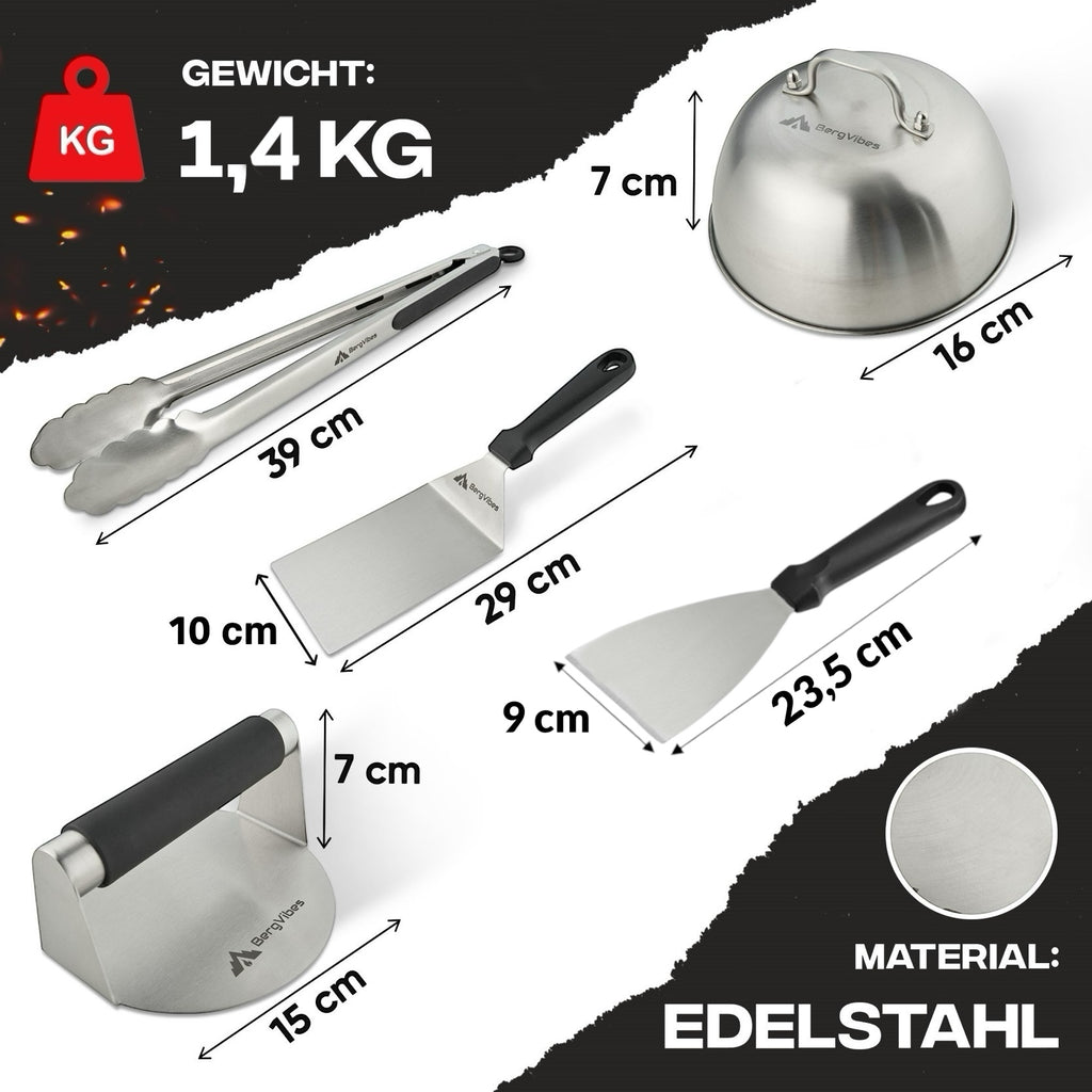 Smash Burger Set 5-teilig – Burgerglocke, Smasher, Wender, Spachtel & Grillzange