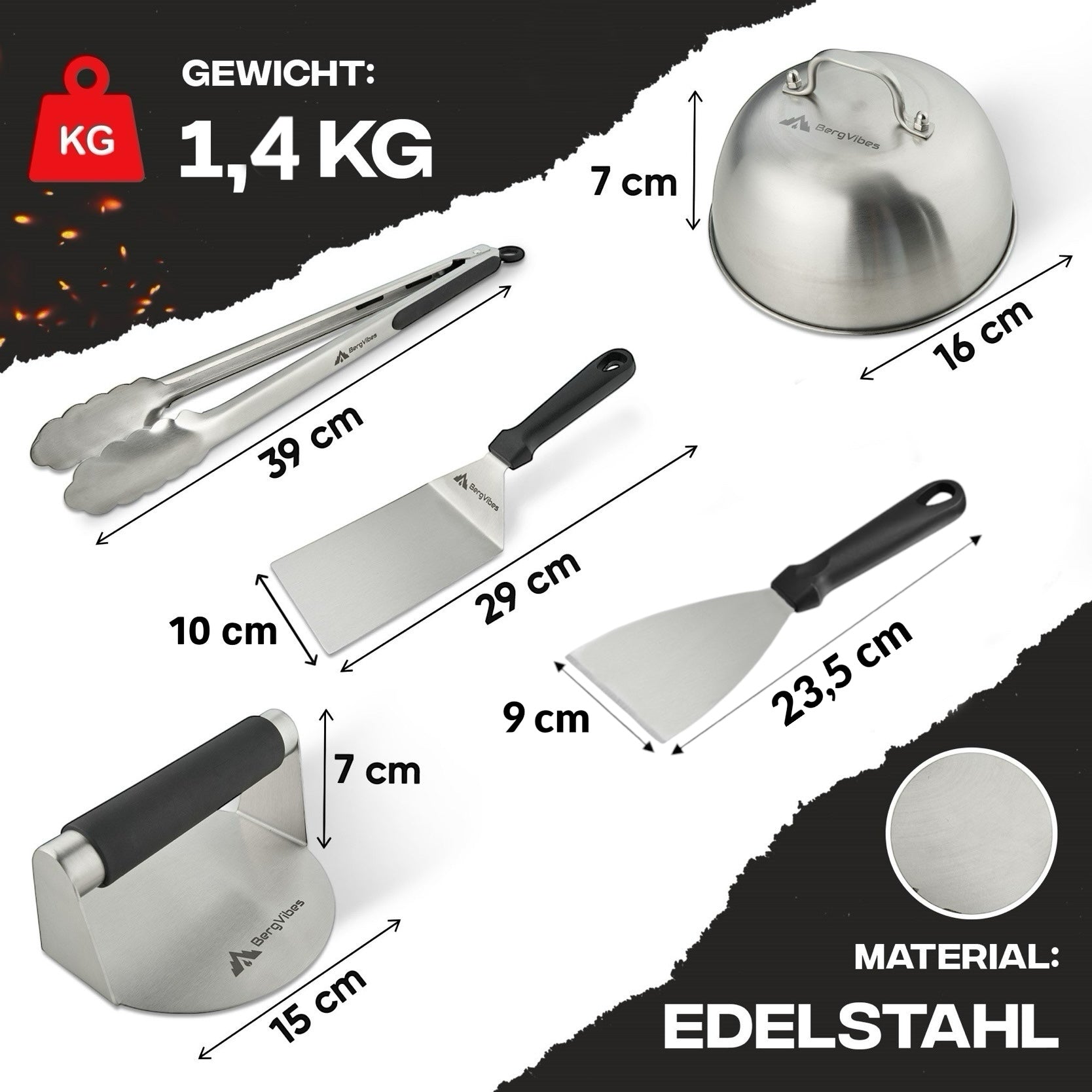 Smash Burger Set 5-teilig – Burgerglocke, Smasher, Wender, Spachtel & Grillzange
